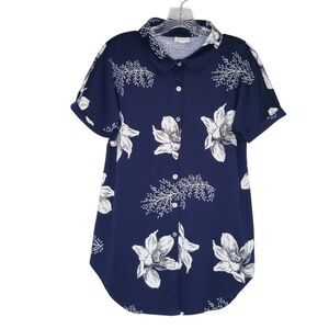 LuLaRoe Charlie Navy Blue Floral Hawaiian Short Sleeve Shirt Button Up Small